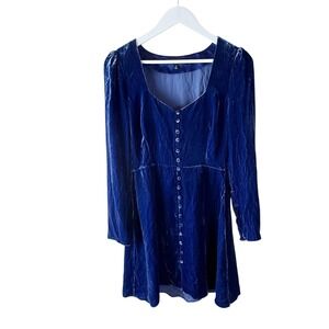 Intermix Blue Velvet Mini‎ Dress Long Sleeve Button Down Square Neck Sz 6